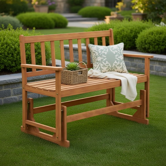 Yardi Yard 2-Person Outdoor Acacia Wood Glider Bench Patio Swing Rocking Loveseat, Bench for Garden, Yard, Brown