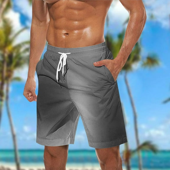 Antqov Men's Swim Trunks, Elastic Waist Drawstring Quick Dry Gradient Print Swimwear Beach Shorts with Pockets, Summer Vacation Casual Fashion Lightweight Comfortable Bathing Suit