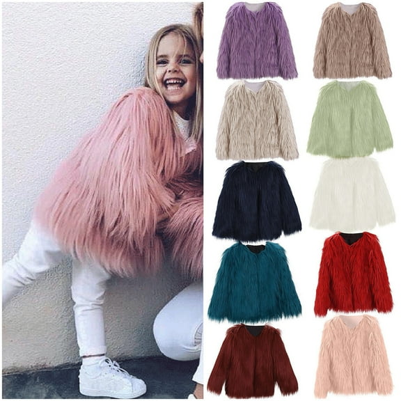 Ruyang Girls Faux Fur Jacket Thick Warm Winter Jackets Kids Plain Furry Coat Cute Fashion Thermal Cardigan Sweater