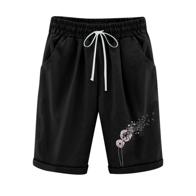 Dealovy Womens Plus Size Shorts Casual Cotton Linen High Waist Drawstring Comfy Printed Lounge Shorts with Pockets