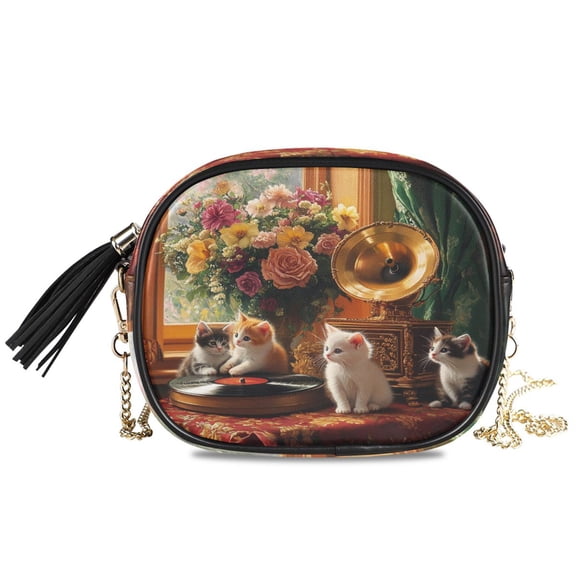 Womens Casual Chain Shoulder Bag Simple style Kittens with Flowers and Gramophone Crossbody Bag