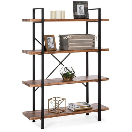 Best Choice Products 4-Shelf Industrial Open Bookshelf Organizer Furniture for Living Room, Office w/ Wood Shelves, Metal Frame, (Best Industrial Metal Bands)