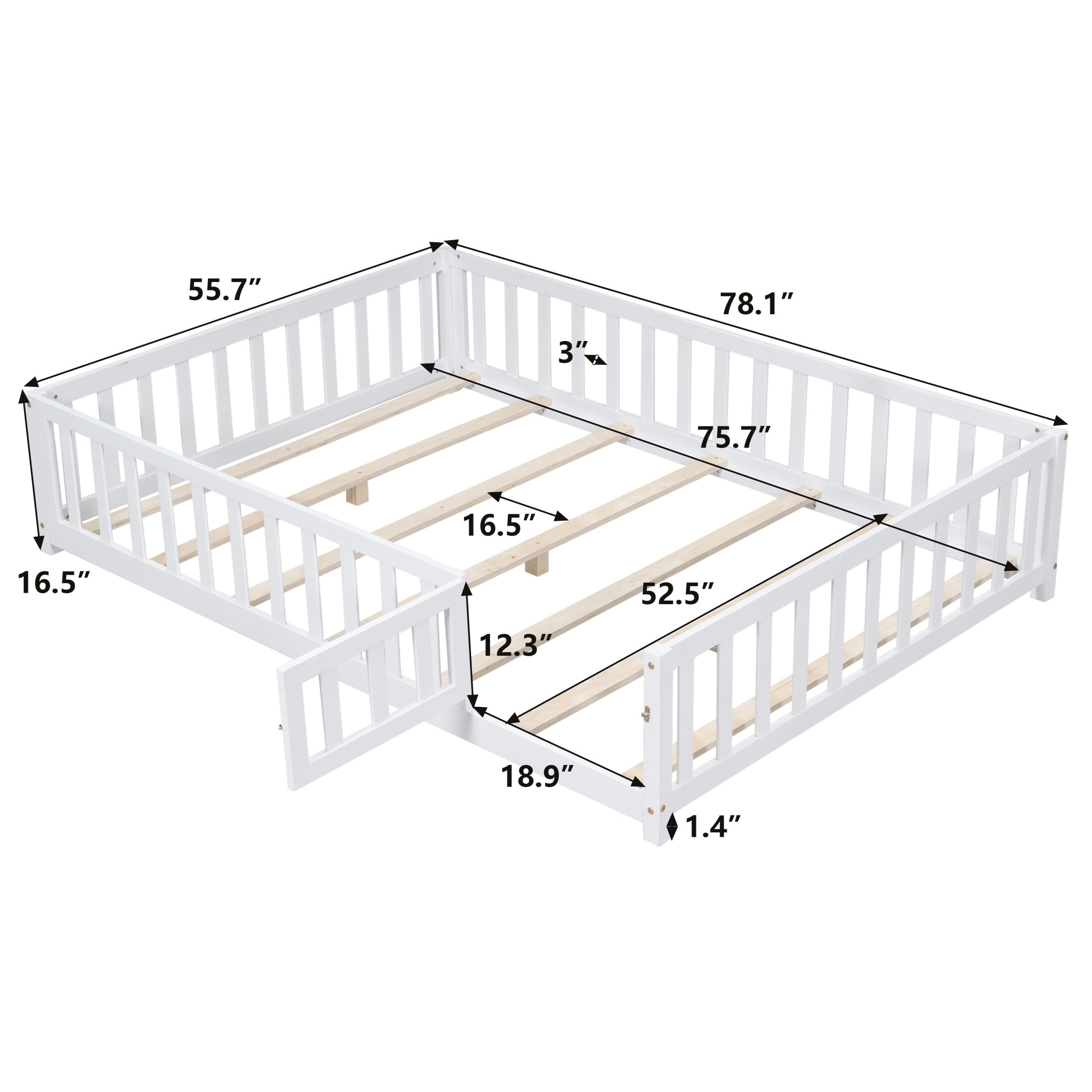 Noble House Full-Size Montessori Floor Platform Bed, Solid Wood Floor Beds with Fence & Door, Toddler-Safe, White