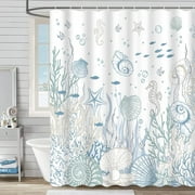 Newhomestyle Nautical Coastal Shower Curtain, Coral Seashell Beach Shower Curtain with 12 Hooks,72x72 Inch