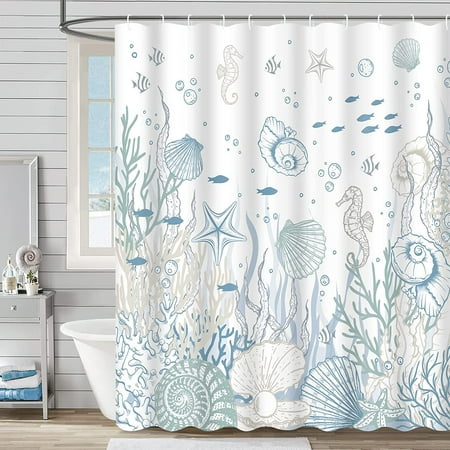Newhomestyle Nautical Coastal Shower Curtain, Coral Seashell Beach Shower Curtain with 12 Hooks,72x72 Inch