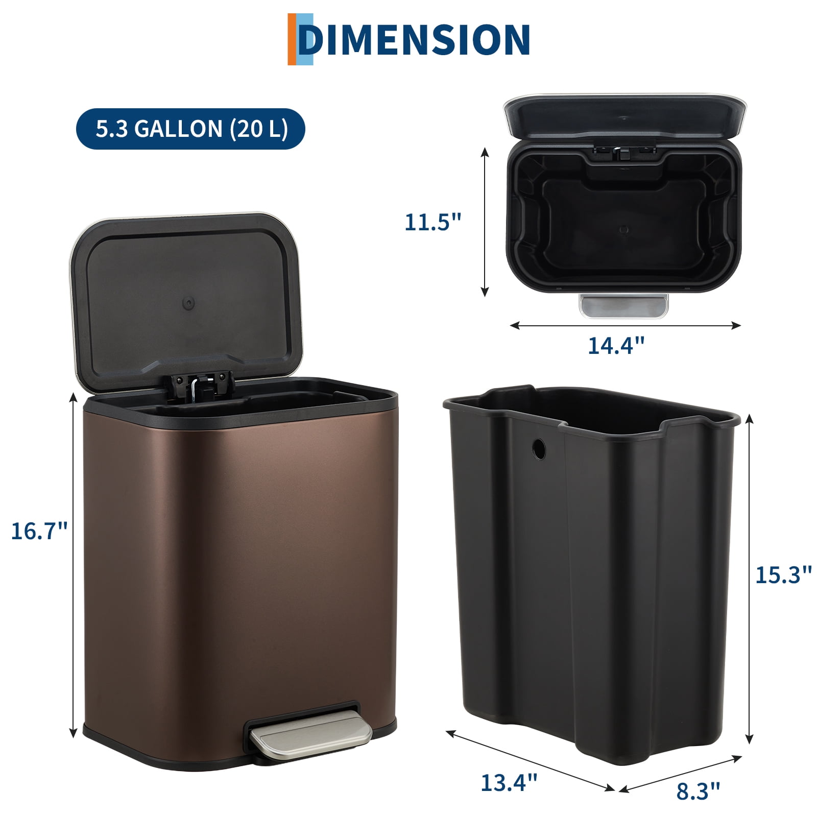 M optimized 20L Trash Can with Lid, 5.3 Gallon Stainless Steel Garbage Bin for Kitchen, Rectangular Trash Can with Step-On Pedal and Inner Bucket for Home Office Bathroom Living Room