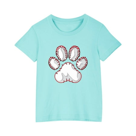 AHTJRT Kids Tshirt Cute Animal Paw Patterns Printed Tee Shirt Short Sleeve Crew Neck Baseball Shirt Cotton Comfy Soft Tops Light Blue 7 Years