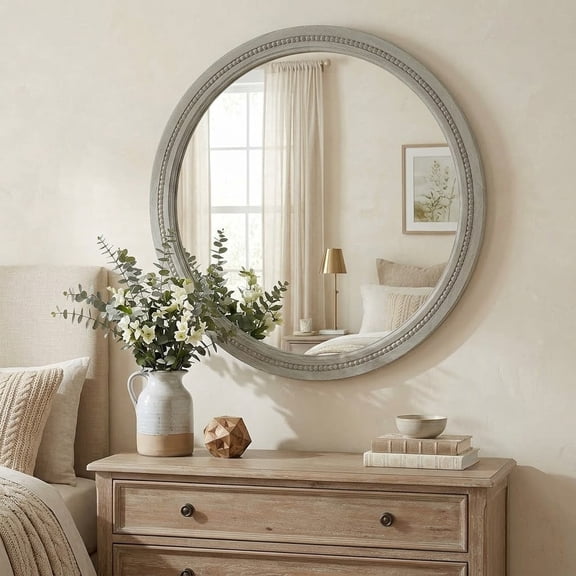 30" Distressed Grey Round Farmhouse Mirror, Solid Wood Framed Beaded Bathroom Vanity Mirror, Rustic Wall Mirror for Entryway, Living Room