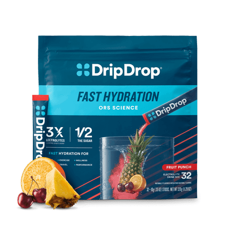 DripDrop Electrolyte Powder Drink Mix for Dehydration Relief Fast, Fruit Punch, 32pk