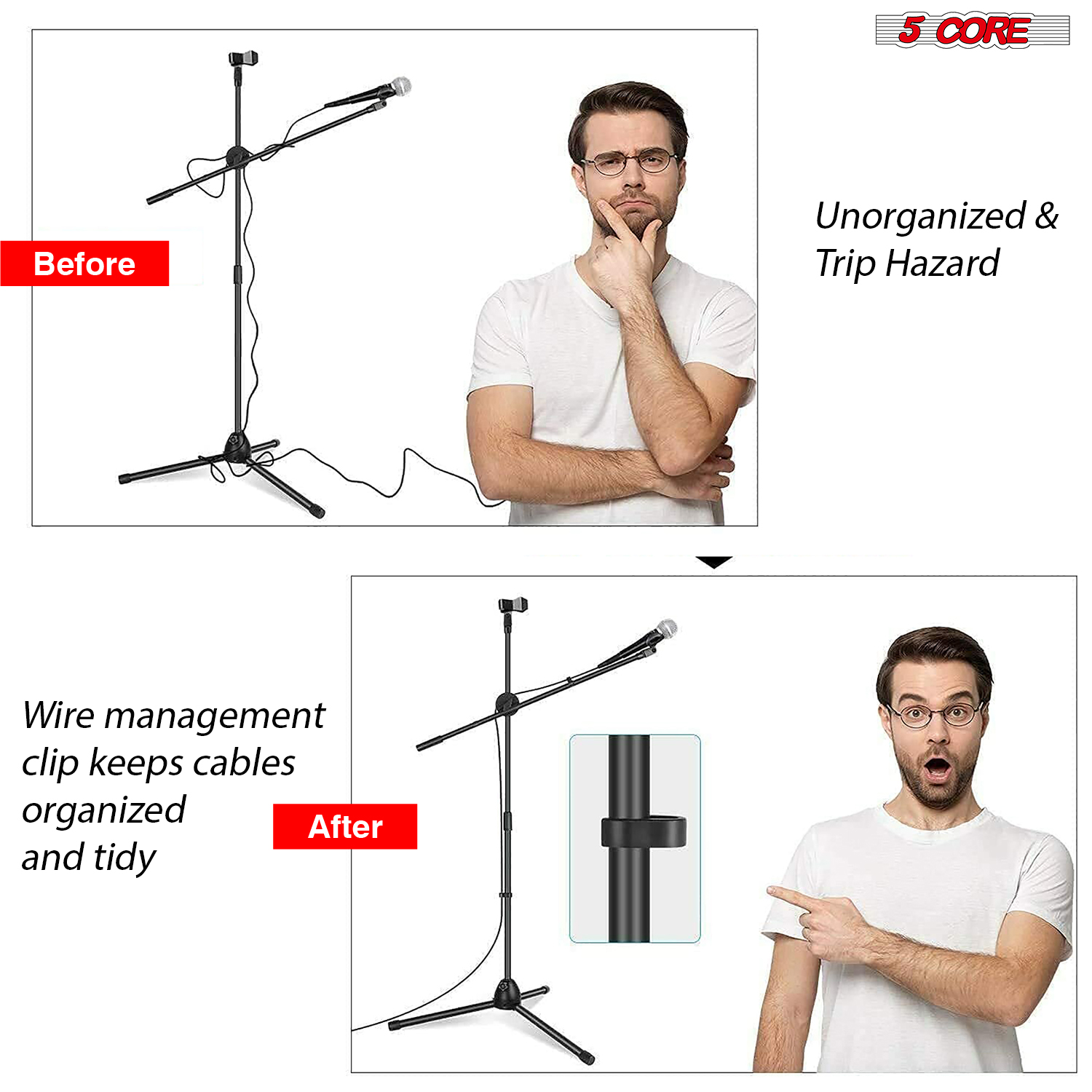 5 Core Microphone Stand Floor 2 Mic Clips Universal Height Adjustable Tripod Mic Stands w Boom Arm MS DBL 2 PCS