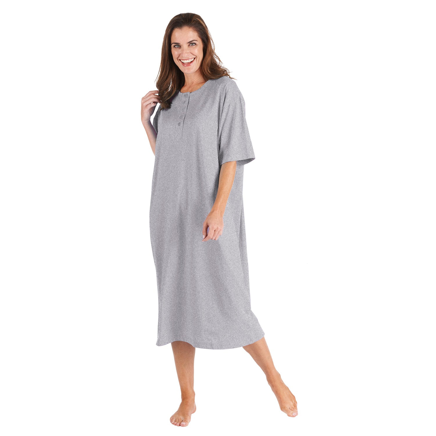CATALOG CLASSICS Womens Nightgown Henley Night Shirt 100% Cotton Night Gown,  Black/Gray, Missy (8-18), 46L 