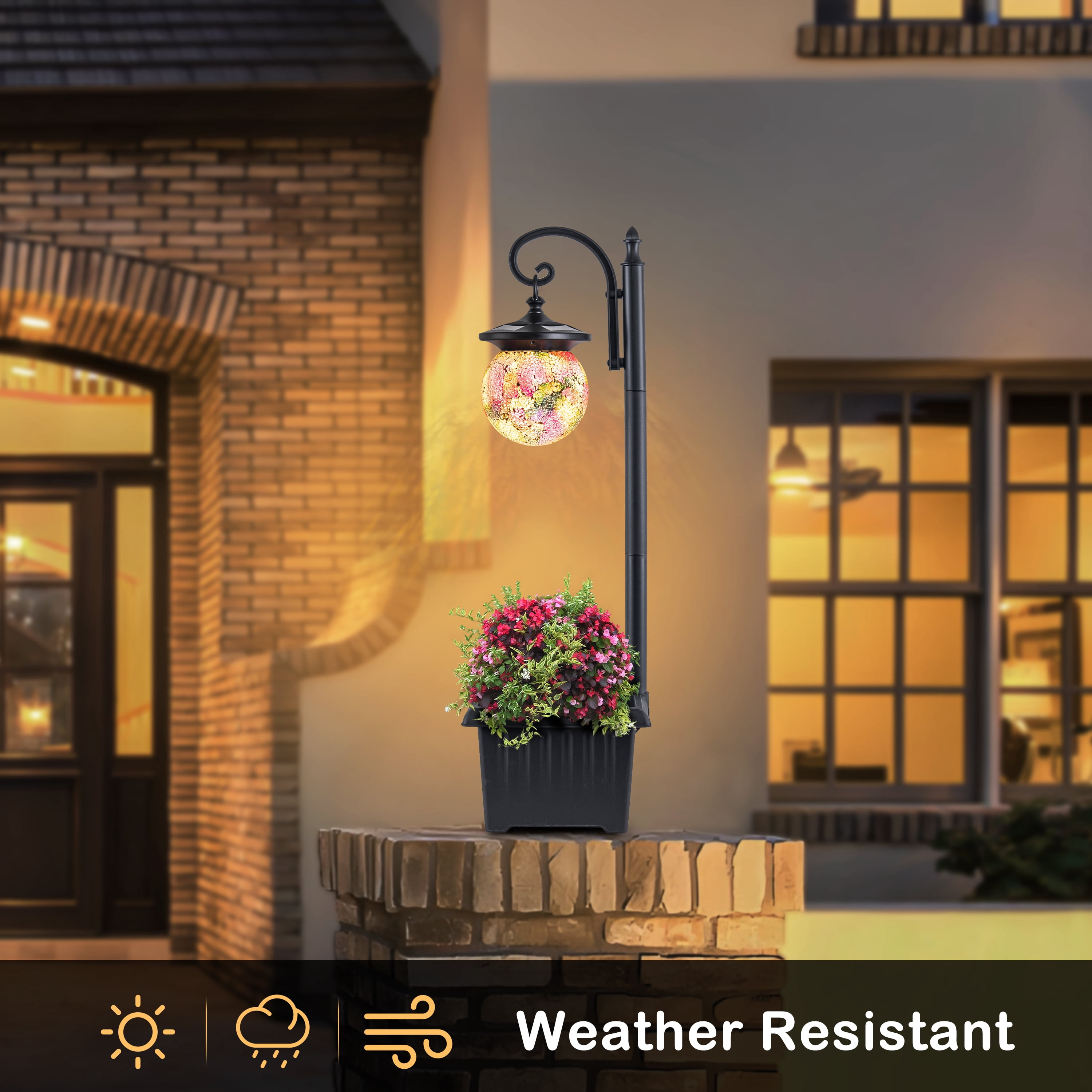 C Cattleya Solar Outdoor Post Light with Planter and Mosaic Glass Shade