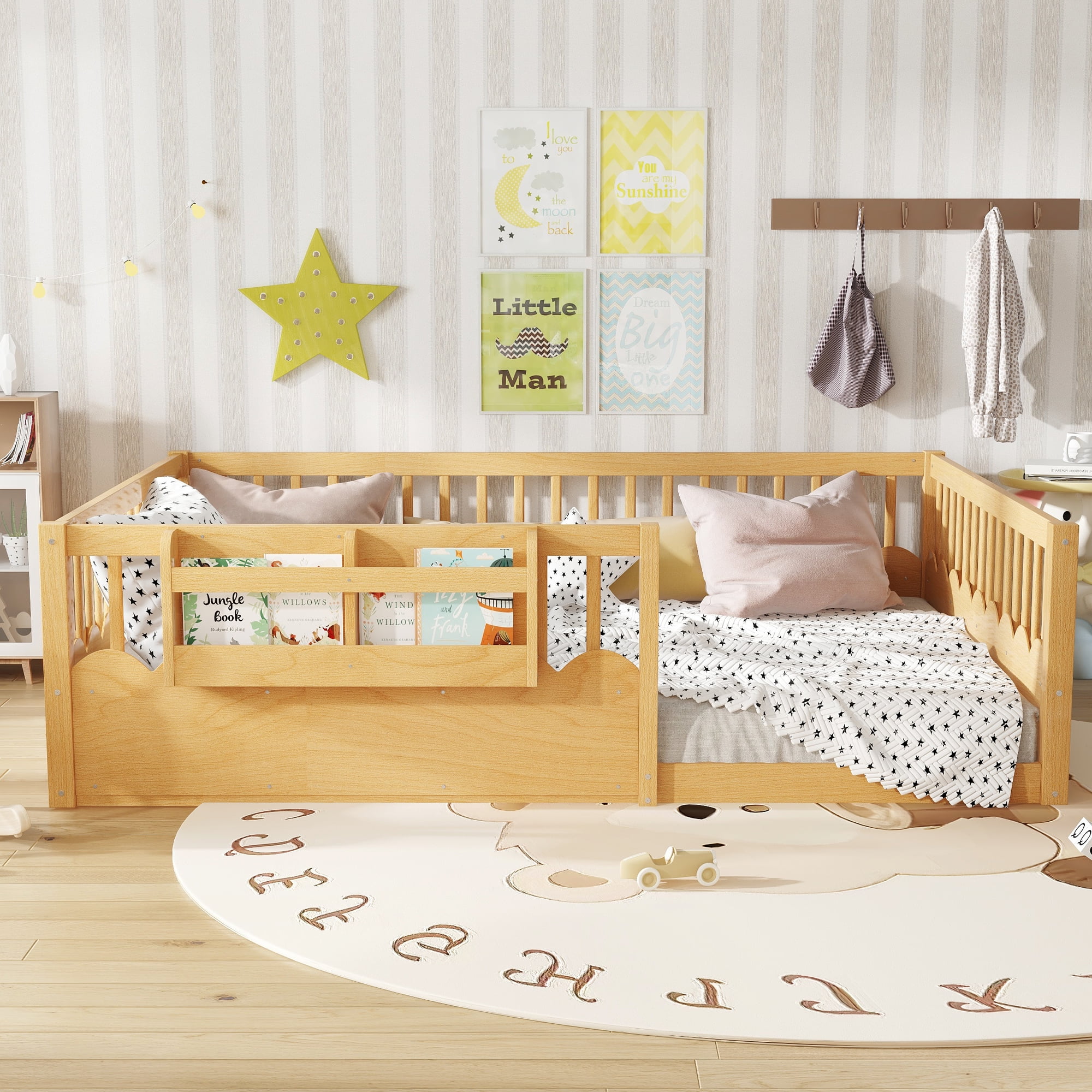 Mintazer Queen Montessori Floor Bed with Bookshelf & Heightened Fence, Kids Wood Floor Bed for Boys and Girls, Natural