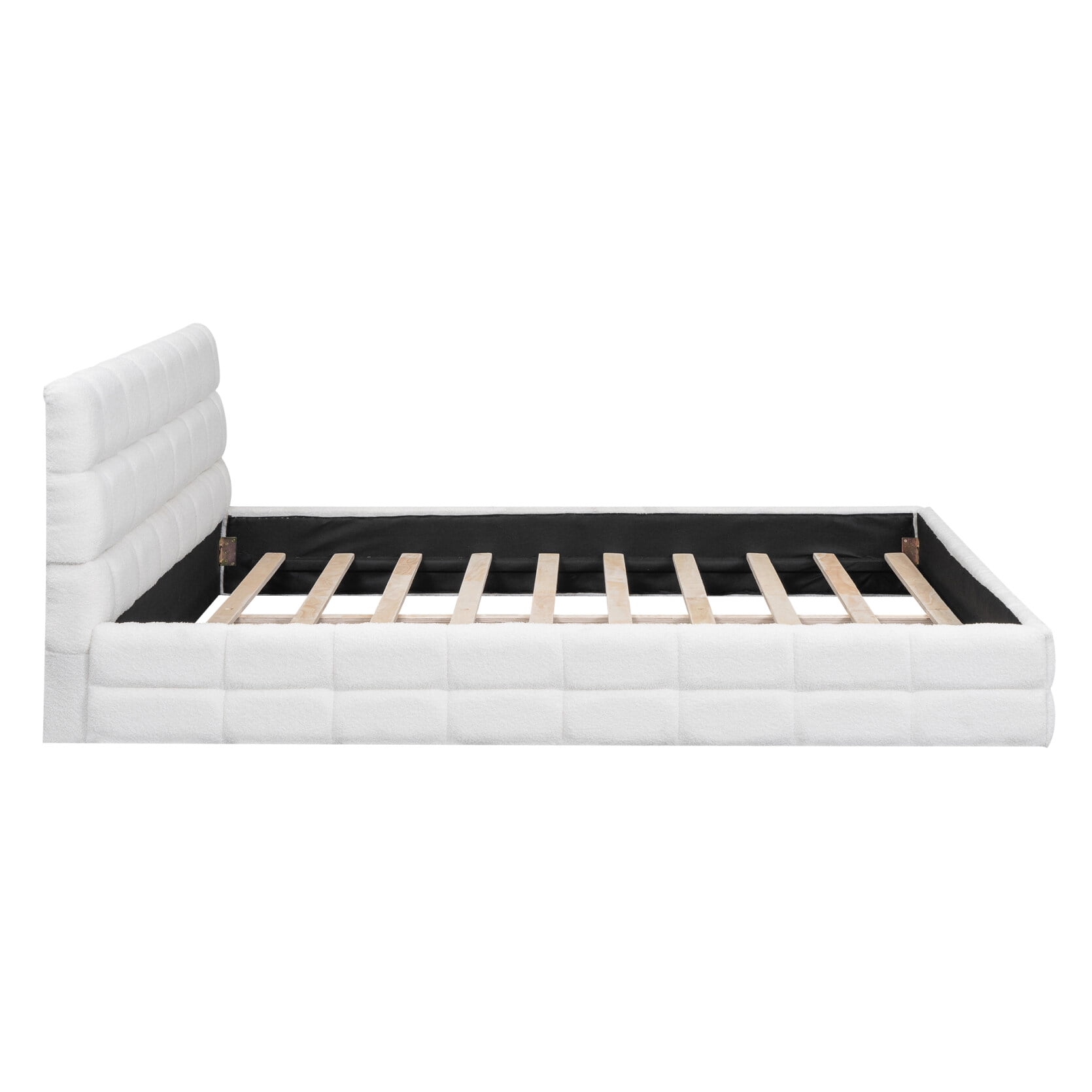 Queen Size Platform Bed, Boucle Upholstered Wooden Bed Frame with Headboard, Floor Bed with Slats Support, Noise Free, No Box Spring Needed, White