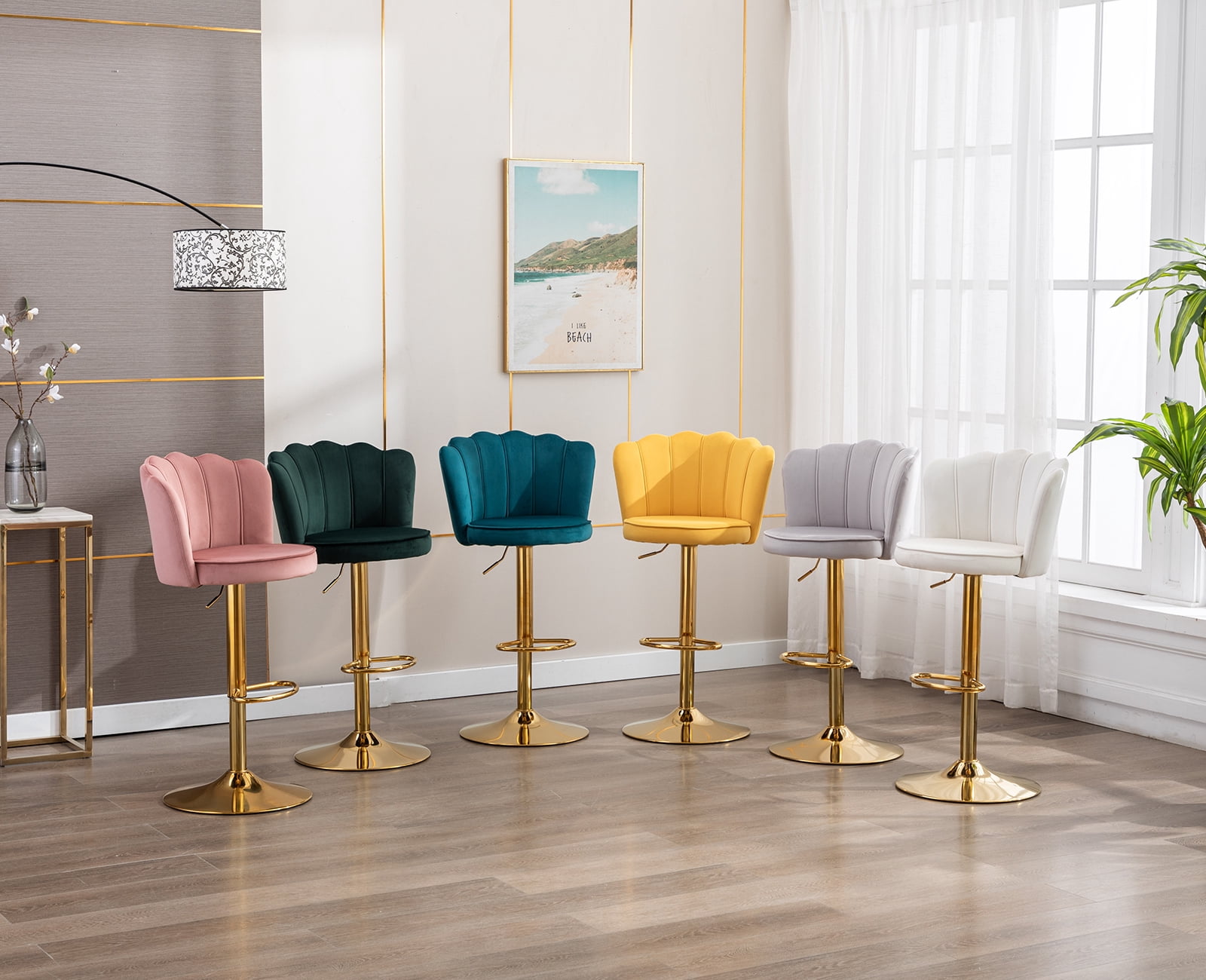 Guyou Swivel Adjustable Bar Stools Set of 2, Velvet Counter Height Barstools with Petal Back and Gold Footrest, Modern Counter Bar Height Stool Chairs for Kitchen Island Bar Cafe, Grey
