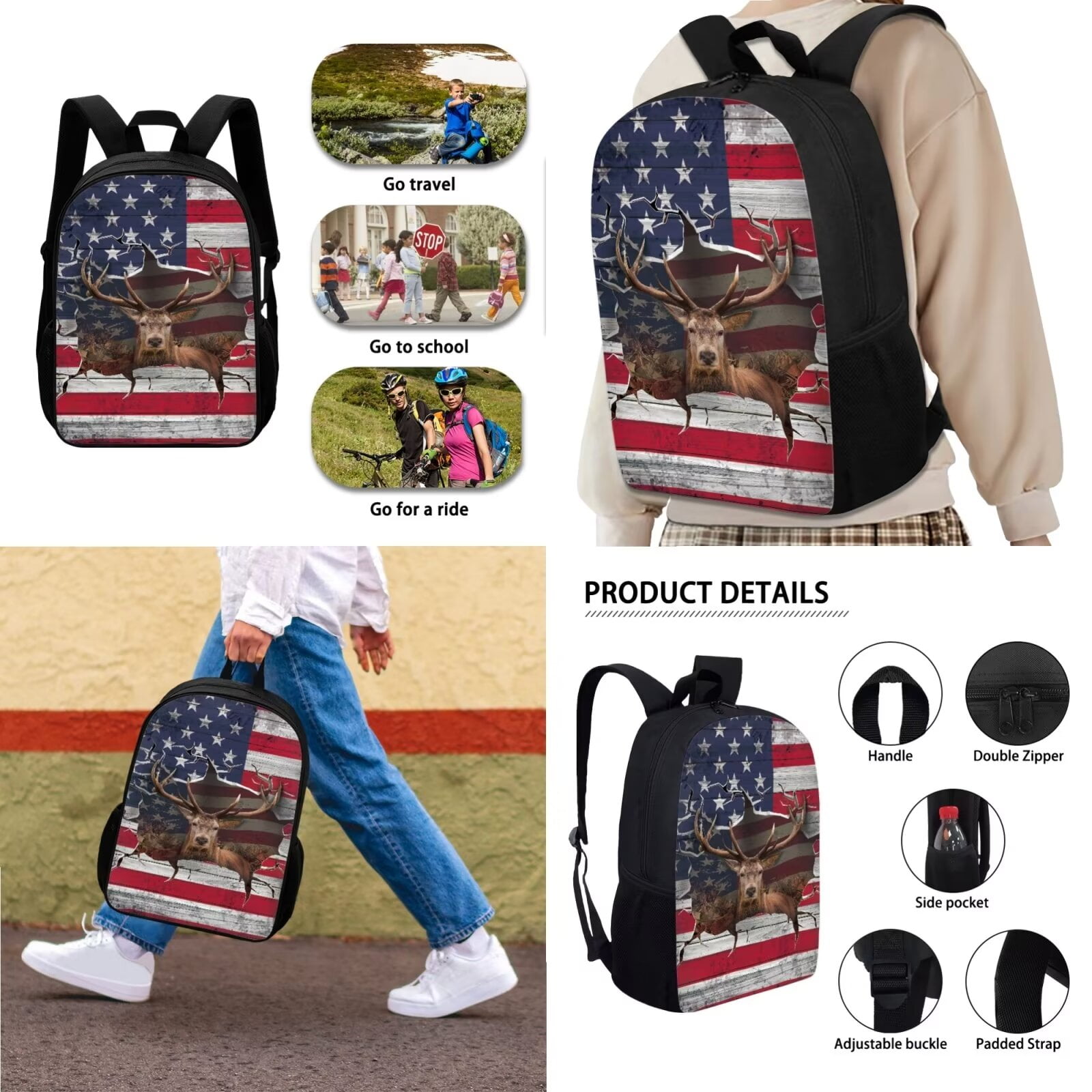 XYZCANDO 3D USA Flag Elk Print Backpack Set for Student, 3 Pack School Book Bag with Lunch Bag and Pencil Box for Outdoor Hiking Camping, Lightweight Daypack Rukcsack with Side Pocket