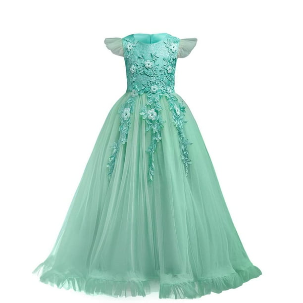 Vestido de Niñas Flores Dama de Honor Boda Certamen Fiesta Princesa Comunión Floral Boho Vintage Encaje Maxi Gown para Niños Turquesa Verde 9-10 Años Etiqueta NO.150