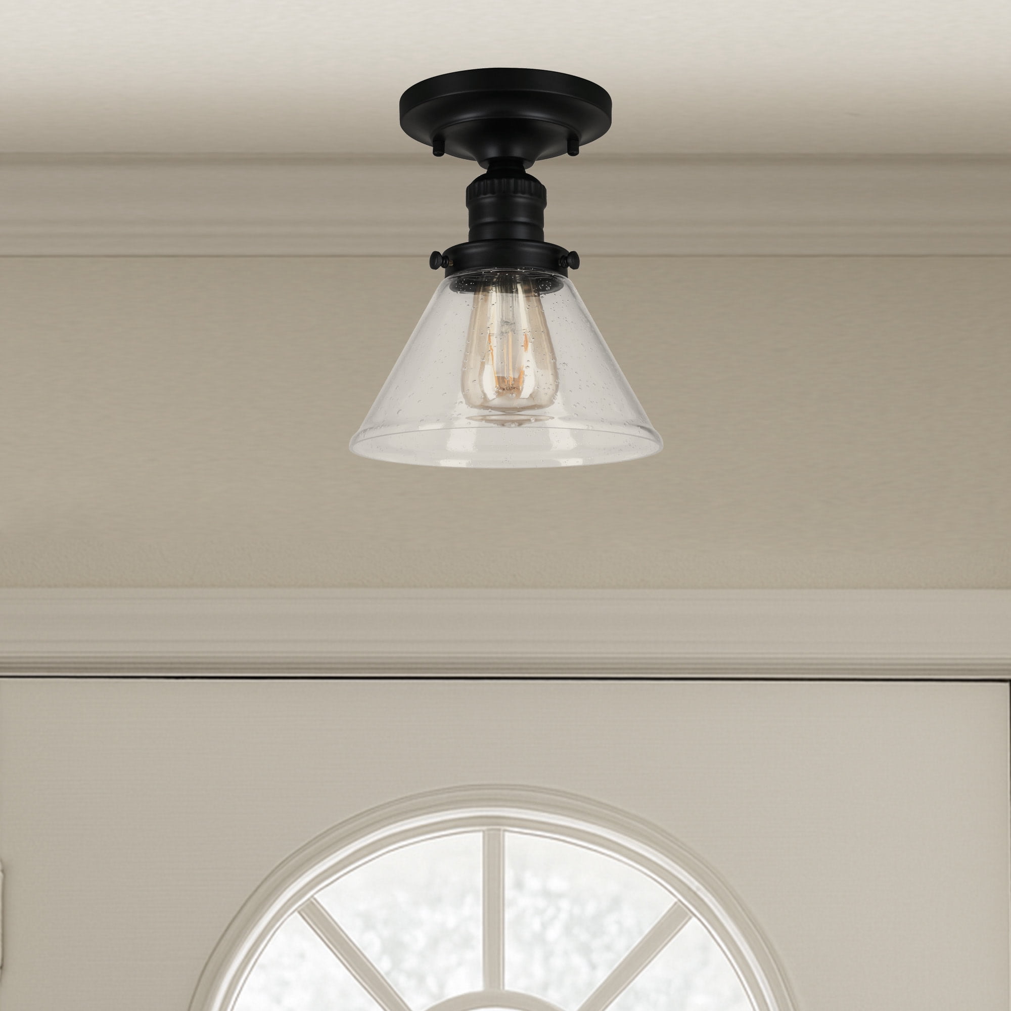 Corwin Ceiling Light, 1-Light Black Semi-Flush Fixture with Seeded Glass, Dimmable, 7.9 in L x 7.9 in W x 9.1 in H