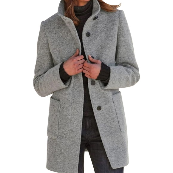 Long Coats For Women Winter Stand Collar Single Breasted Wool Coats Wool Blend Peacoat Thicken Jacket