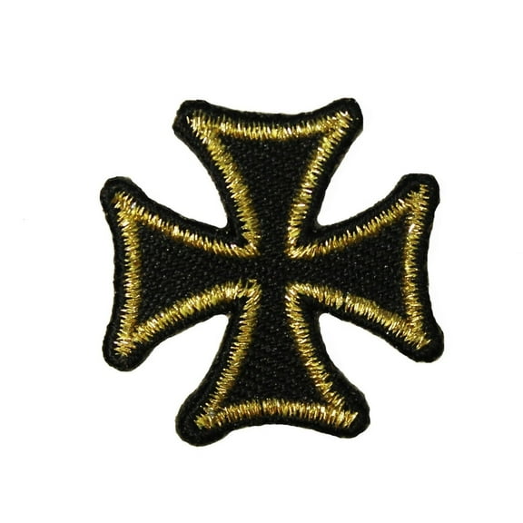1" Gold On Black Maltese Cross Patch Biker Symbol Embroidered Iron On Applique