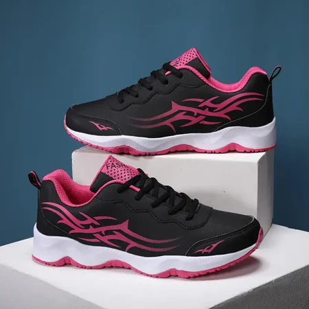 

Women‘s Contrast Color Lace Up Sneakers Faux Leather Soft-soled Sports Shoes Casual Running Shoes