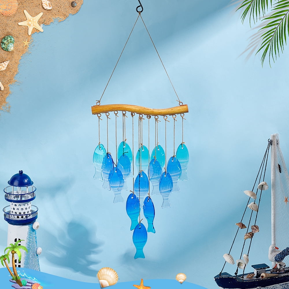 Glass Fish Tassel Wind Chimes with Iron Hook for Window Outdoor Garden Decor Dark Turquoise 550mm DIY