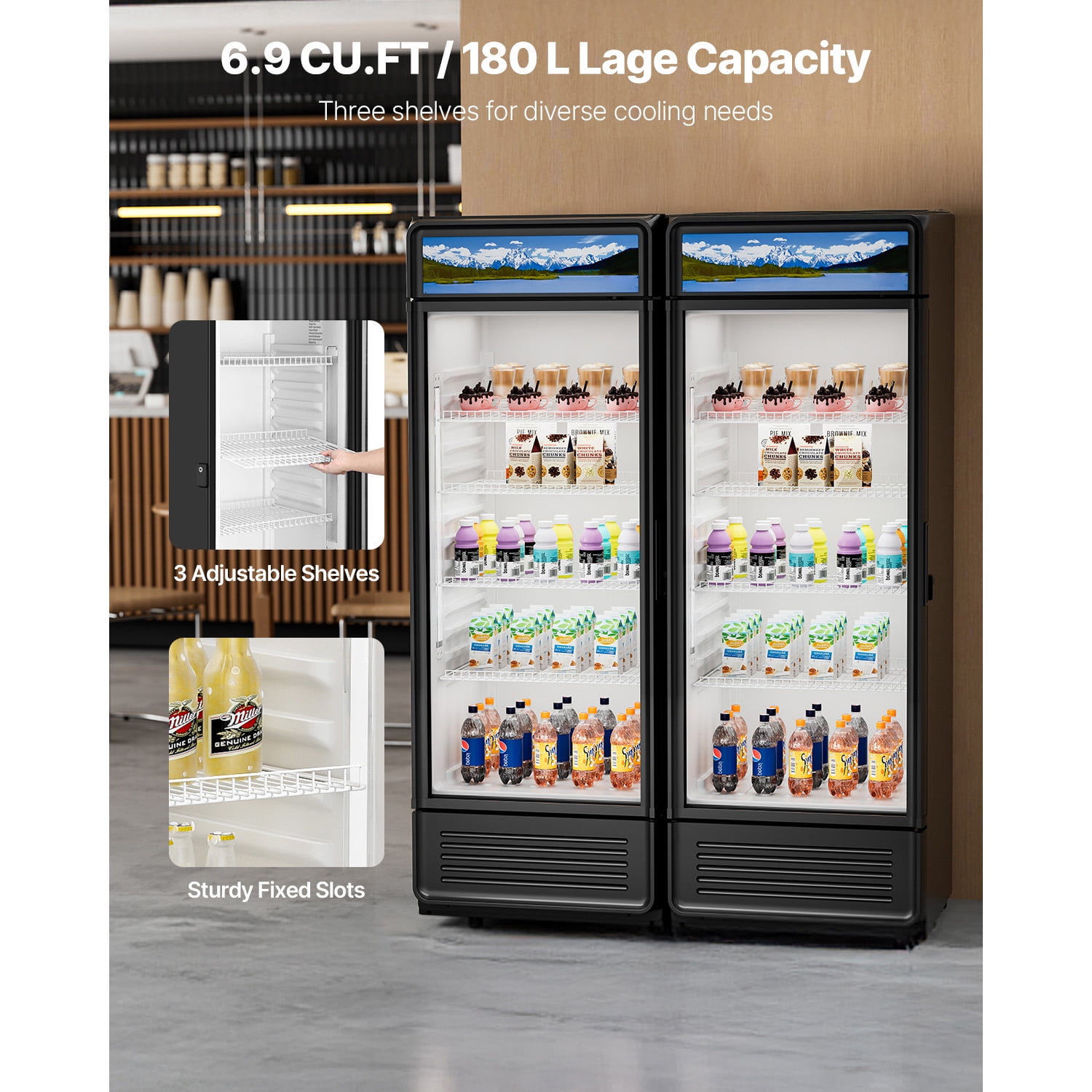 KFFKFF Commercial Merchandiser Refrigerator Single Glass Door 6.9 Cu ft , Display Beverage Cooler Merchandiser Customizable Lightbox
