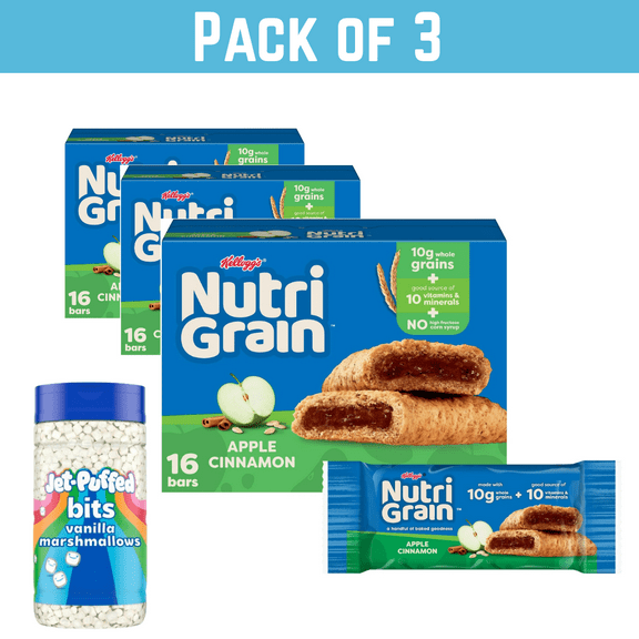 Pack of 3 Kellogg's Nutri-Grain Apple Cinnamon Bars, 16 Count Each, 20.8 oz  with fre Jet-Puffed Vanilla Marshmallows by ValueNest
