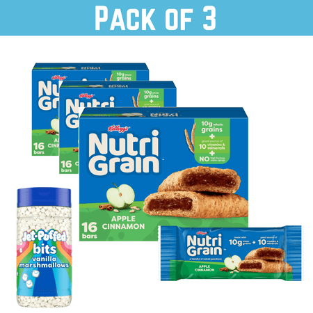 Pack of 3 Kellogg's Nutri-Grain Apple Cinnamon Bars, 16 Count Each, 20.8 oz with fre Jet-Puffed Vanilla Marshmallows by ValueNest