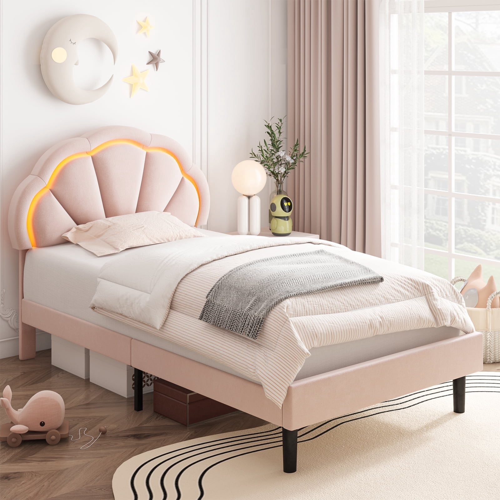 Homfa LED Bed Frame, Twin Size Velvet Upholstered Platform Bed with Adjustable Headboard, Lights Seashell Bed, Pink