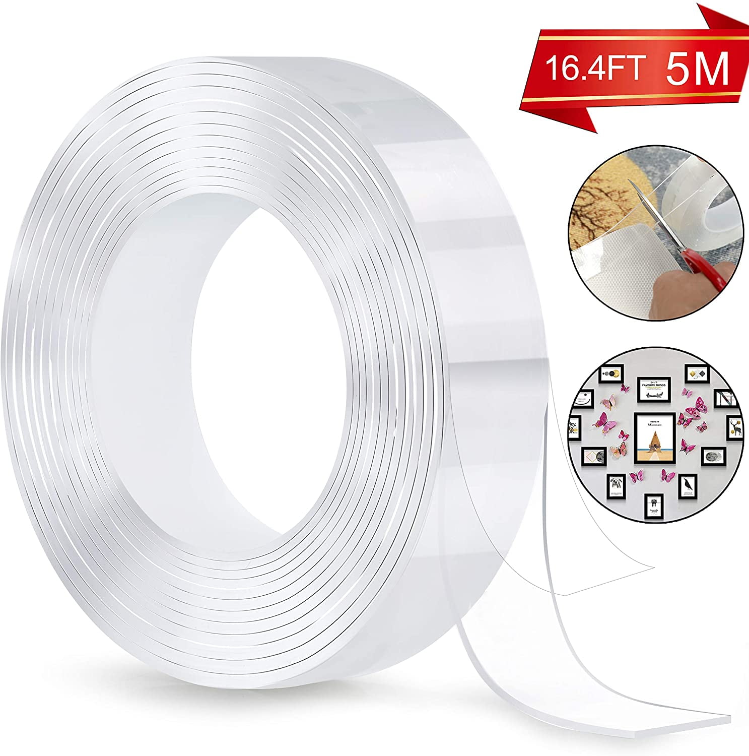 Meidong Multipurpose Nano Grip Tape Reusable Removable Washable Double Sided Sticky Strips Seamless Traceless Tape Adhesive Kitchen Holder (Clear - 5M/16.4ft)