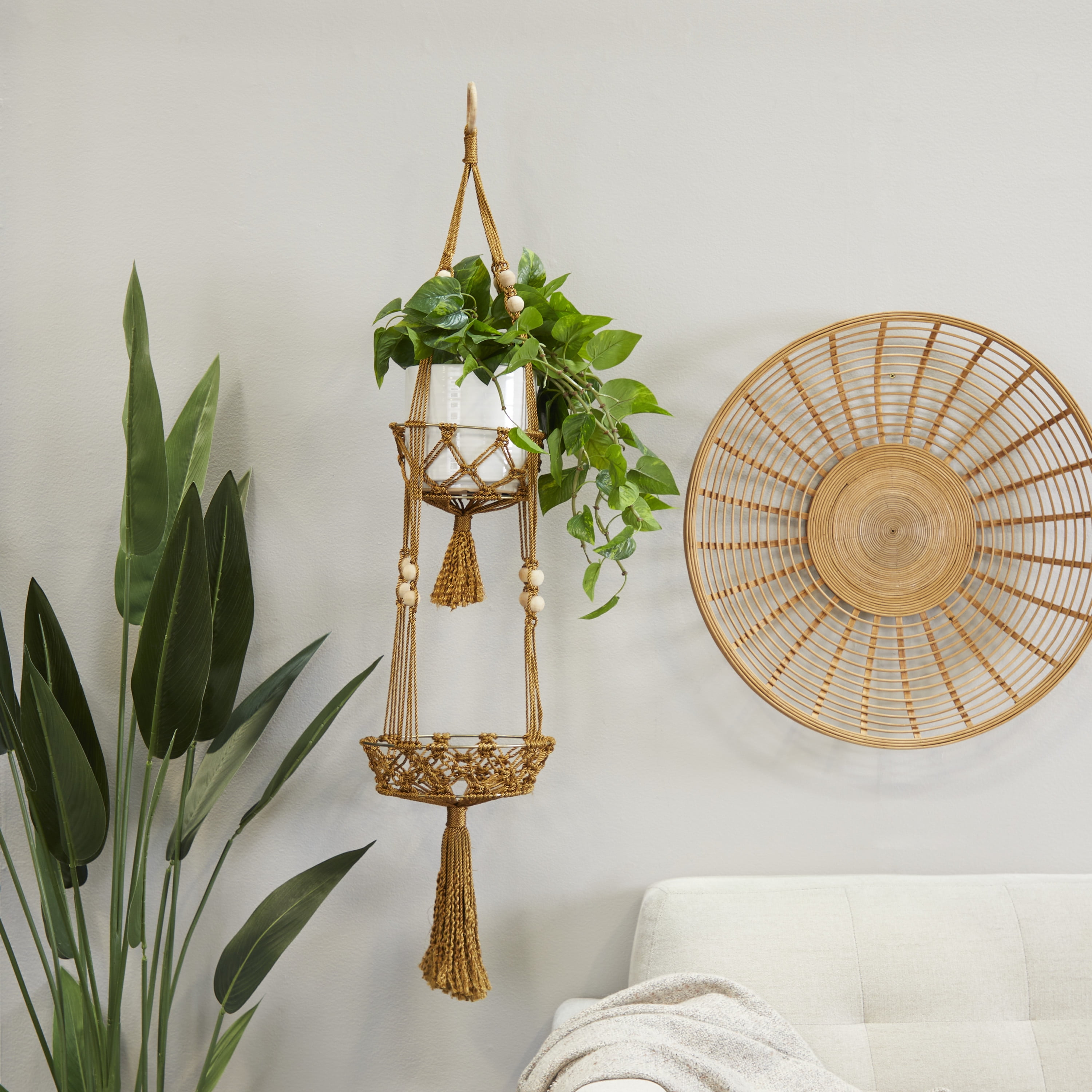 DecMode 10" x 10" x 47" Round Brown Fabric Handmade Hanging Macrame Wall Planter