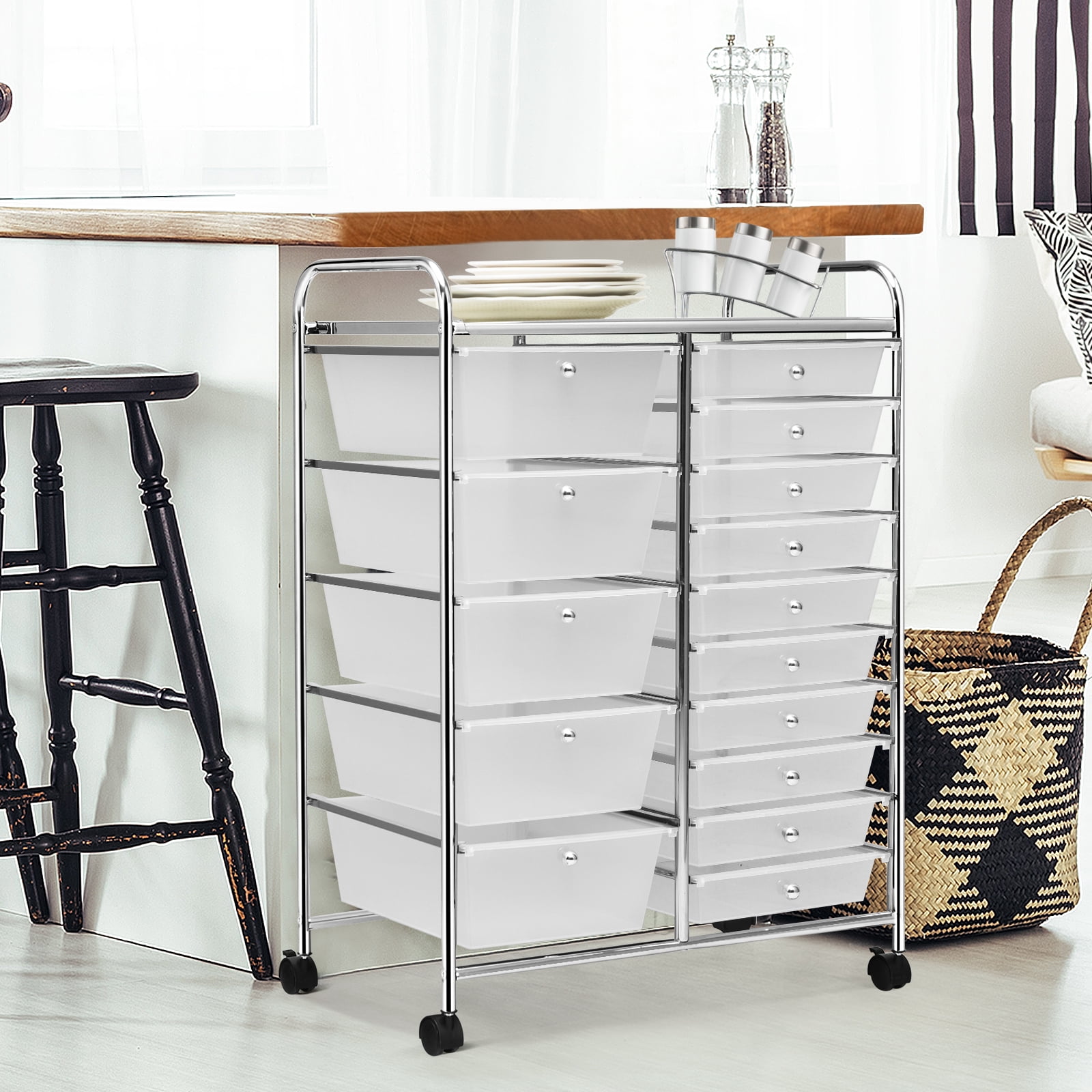 Costway 15-Drawer Rolling Storage Cart Mobile Organizer with Lockable Wheels Clear