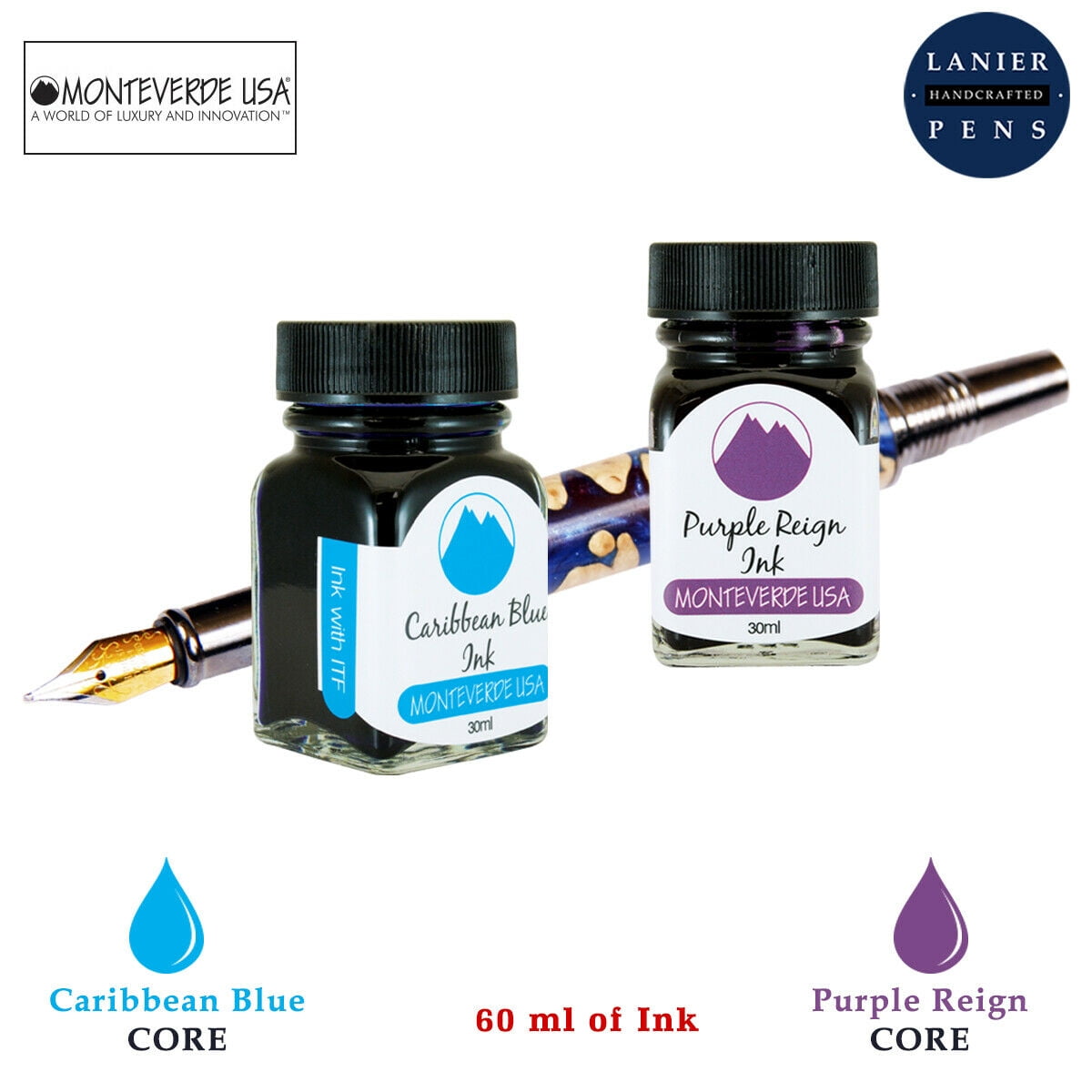Monteverde 60ml Core Fountain Pen Ink Bottle (30ml Caribbean Blue Ink Bottle G309CU, 30ml Purple Reign Ink Bottle G309PR)