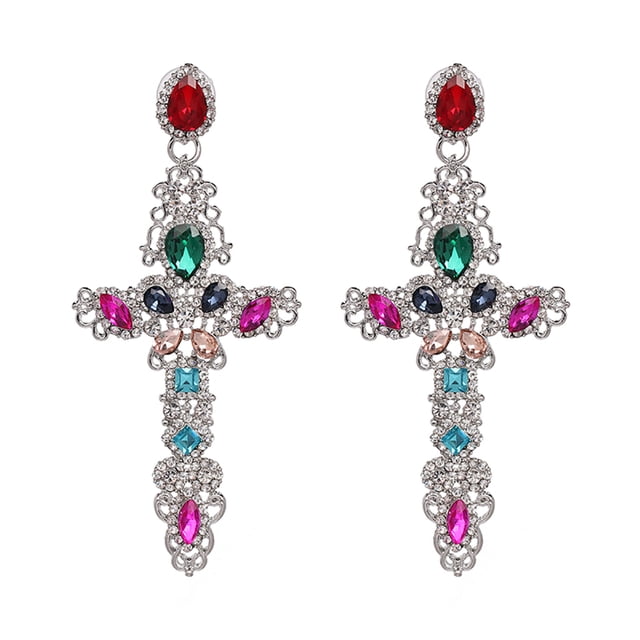 Pendientes de cruz de plata brillante con detalles de joyería de moda con diamantes de imitación para mujer
