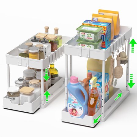 mosala Under Sink Organizers and Storage 2 Pack - Height Adjustable 2 Tier Sliding Bathroom Cabinet Organizer with Hooks - Multi - Purpose Under Kitchen Sink Organizer - White C40