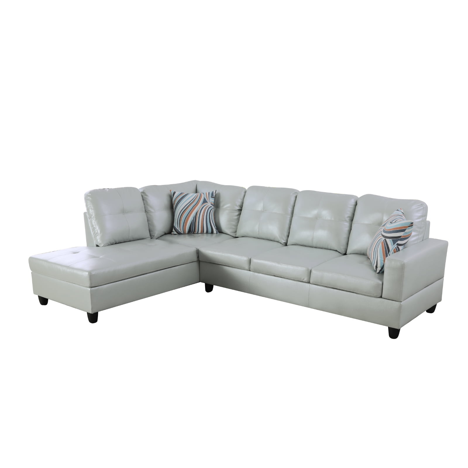 Hommoo 4-Seat Semi Semi PU Synthetic Leather Sectional Sofa Sets, L Shaped Sectional Couches and Sofas, Modern Living Room Furniture Sets, 17.5'' Back Height, Silver Green(No Ottoman)