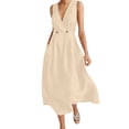 thumbnail image 2 of Robes d'Été Décontractées Élégantes en Lin Robe Maxi pour Femme Sans Manches à Col en V à Double Boutonnage Fluide Décontractée Taille Haute Évasée Robe Soleil avec Poches Beige TTG, 2 of 5