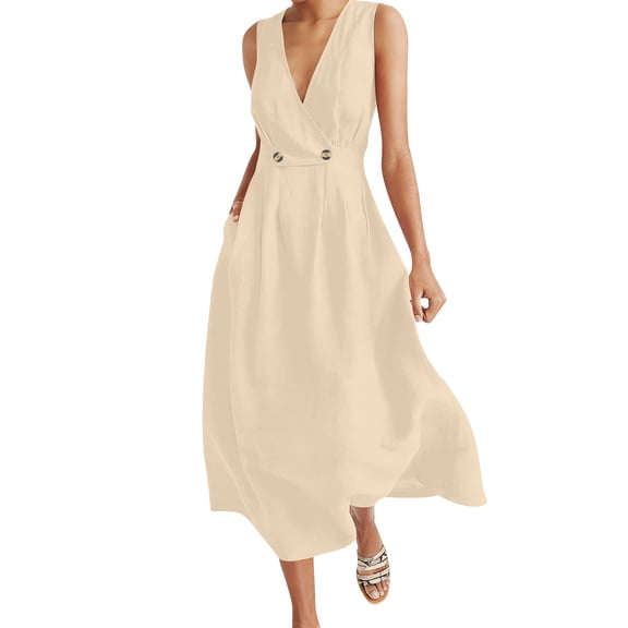Raeneomay Linen Dress Women Solid Color Sleeveless Fashion Dresses