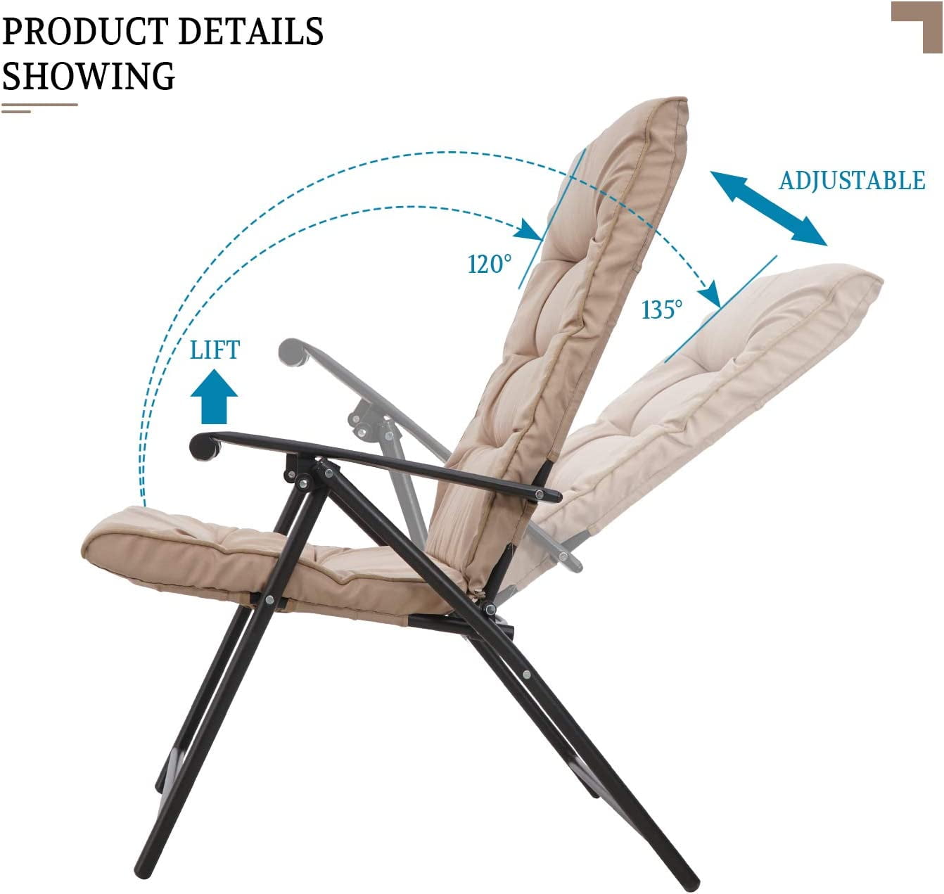 Suncrown Patio Padded Folding 3 Pieces Chair Set for 2 Adjustable Reclining Outdoor Furniture Metal Sling Chair with Coffee Table