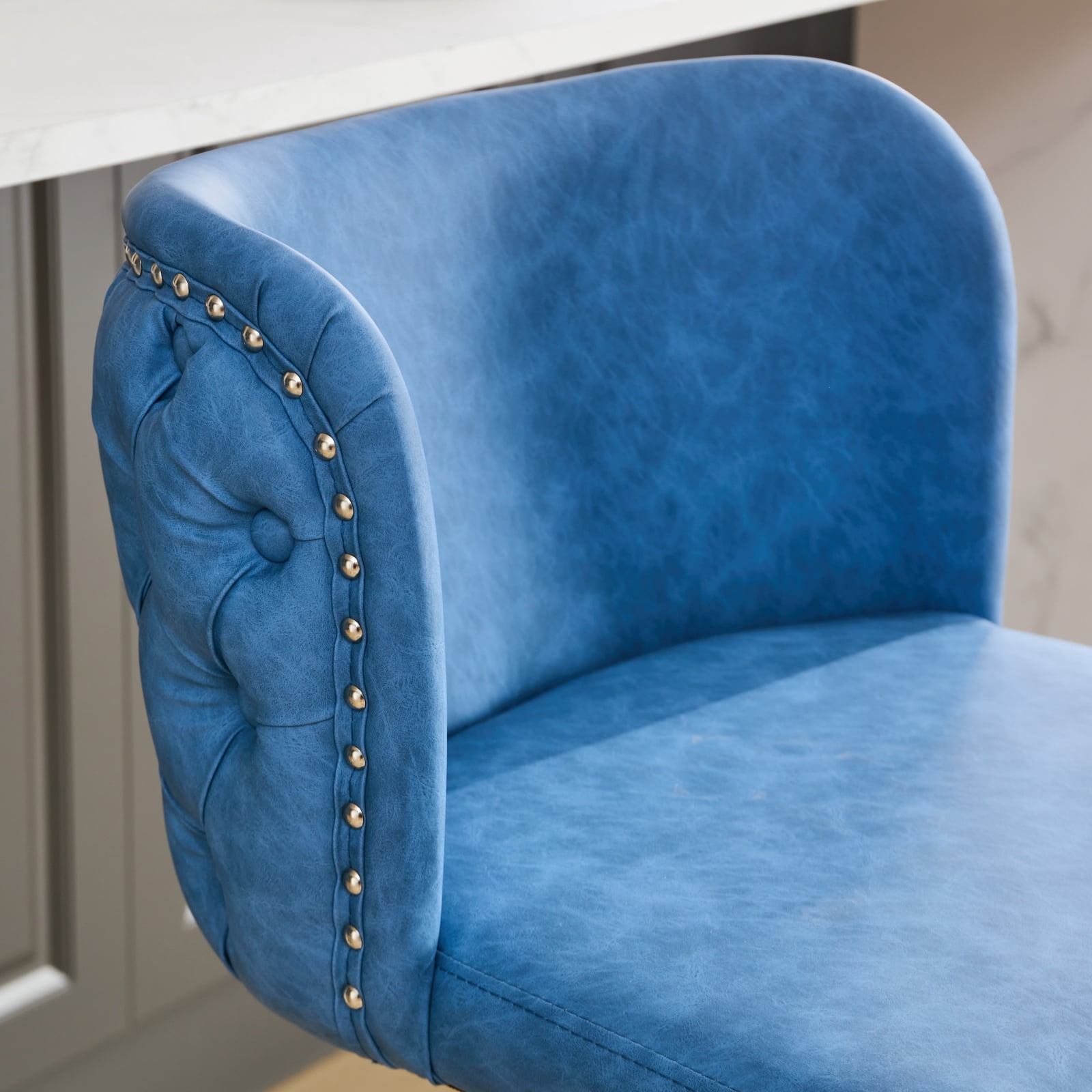 MAYEERTY Swivel Barstools - Adjustable Seat Height, Chrome Base, PU Upholstery, Full Tufted Back, Blue, Set of 2