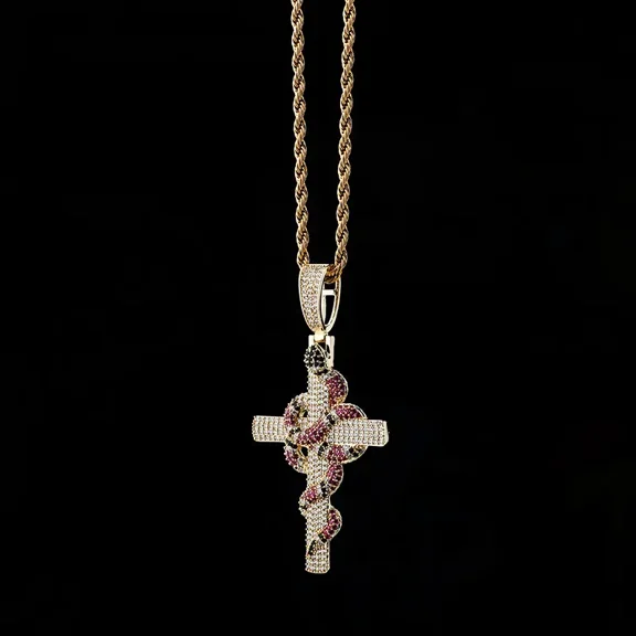 Hip Hop AAA  Cubic Zirconia Paved Bling Iced Out Snake Cross 14K Yellow Gold Pendants Necklace for Men Rapper Jewelry Golden Color