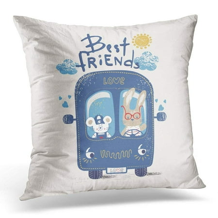 CMFUN Adventure Blue Bus with Best Friends Mouse and Rabbit Kid's Baby's Design Graphic Tee Car Pillow Case Pillow Cover 18x18