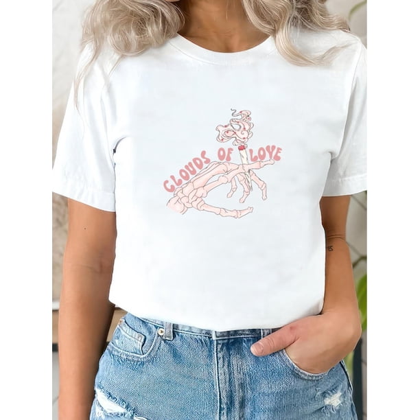 Clouds of Love, Valentine'S Day skeleton smoking Stylish Plus Size Women'S Casual T-shirt - Round NeCamisetas de verano para mujer, manga corta, cuello redondo, casual, lindo, con gráficos, camisetas