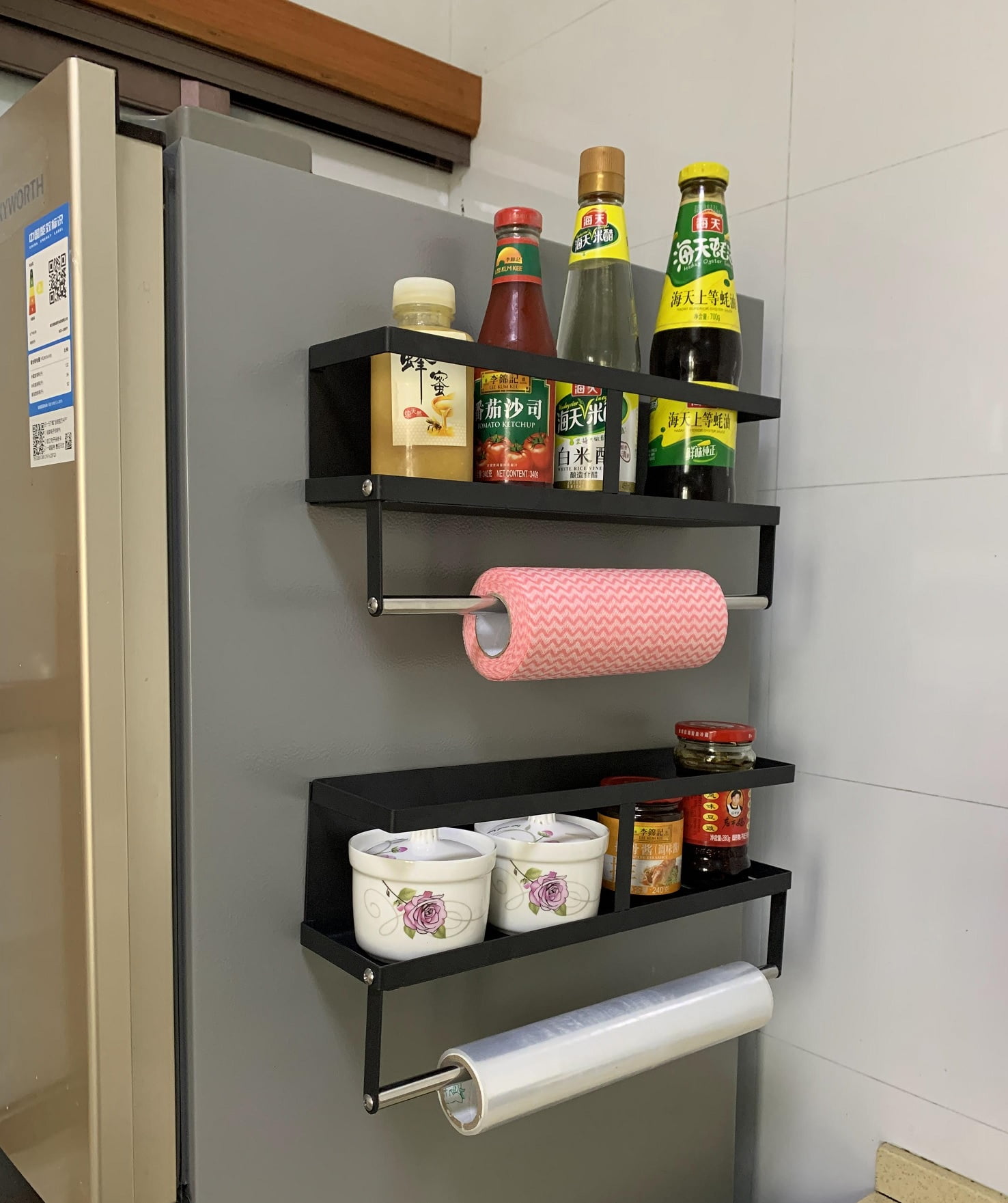 Two magnet shelves (15 inch and 16 inch), 6 hooks, paper towel rack. Refrigerator organizer bin. Kitchen organizer.