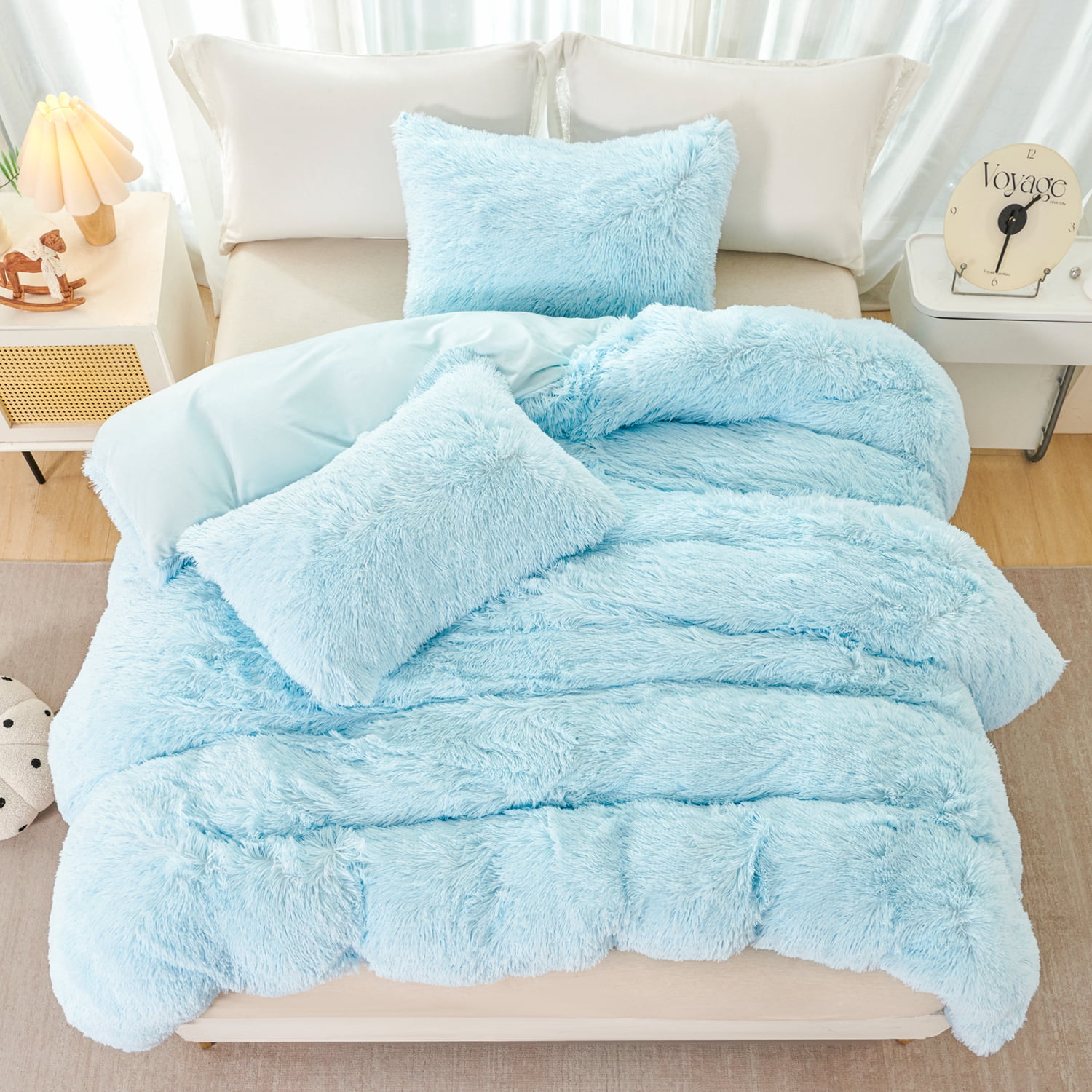 URBONUR 3 Pieces Blue Girls Comforter Sets Twin Faux Fur Plush Bedding Sets Fluffy Bedding Comforter Sets for Kids Teens(1 Shaggy Comforter + 2 Faux Fur Pillowcases)