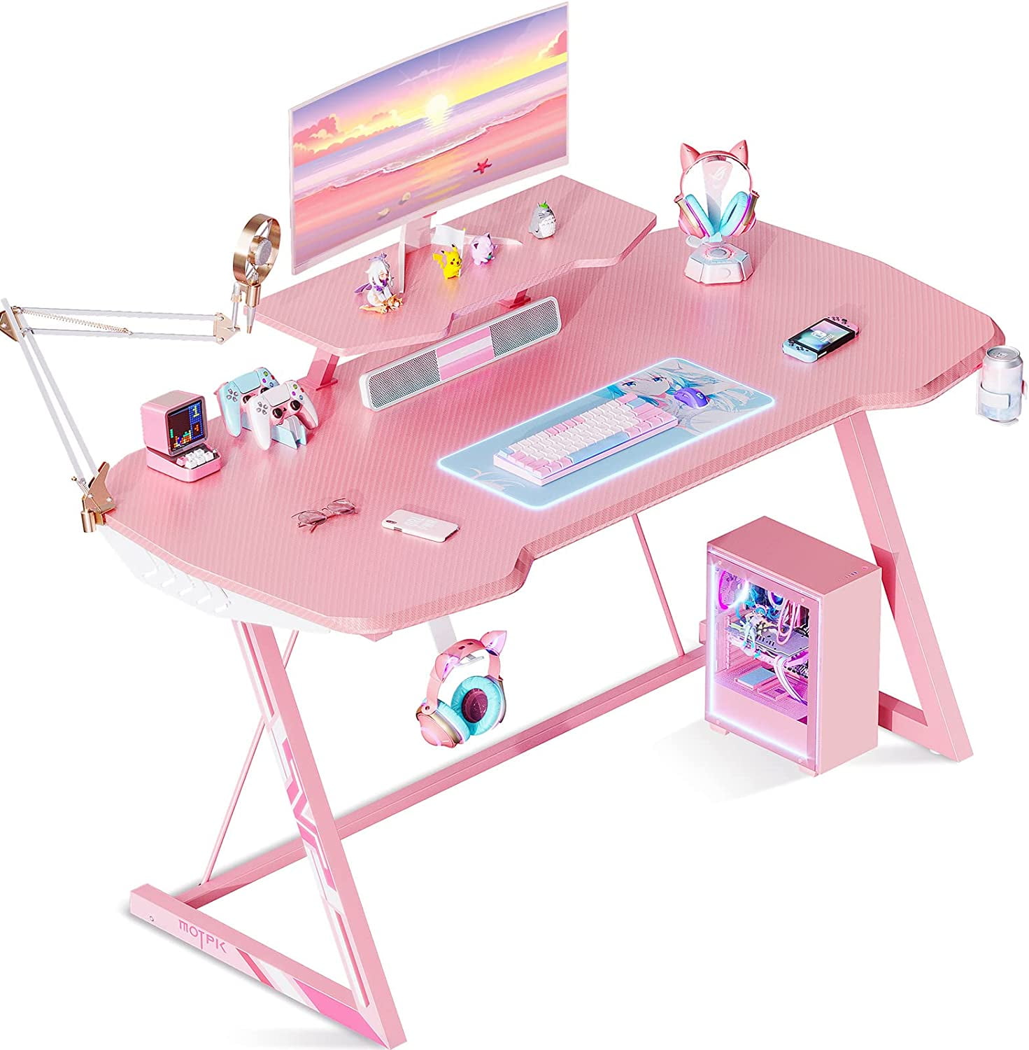 SHMAMT Pink Gaming Desk 47inch ZShaped Sturdy Gaming Table for Girls, Computer Desk Workstation