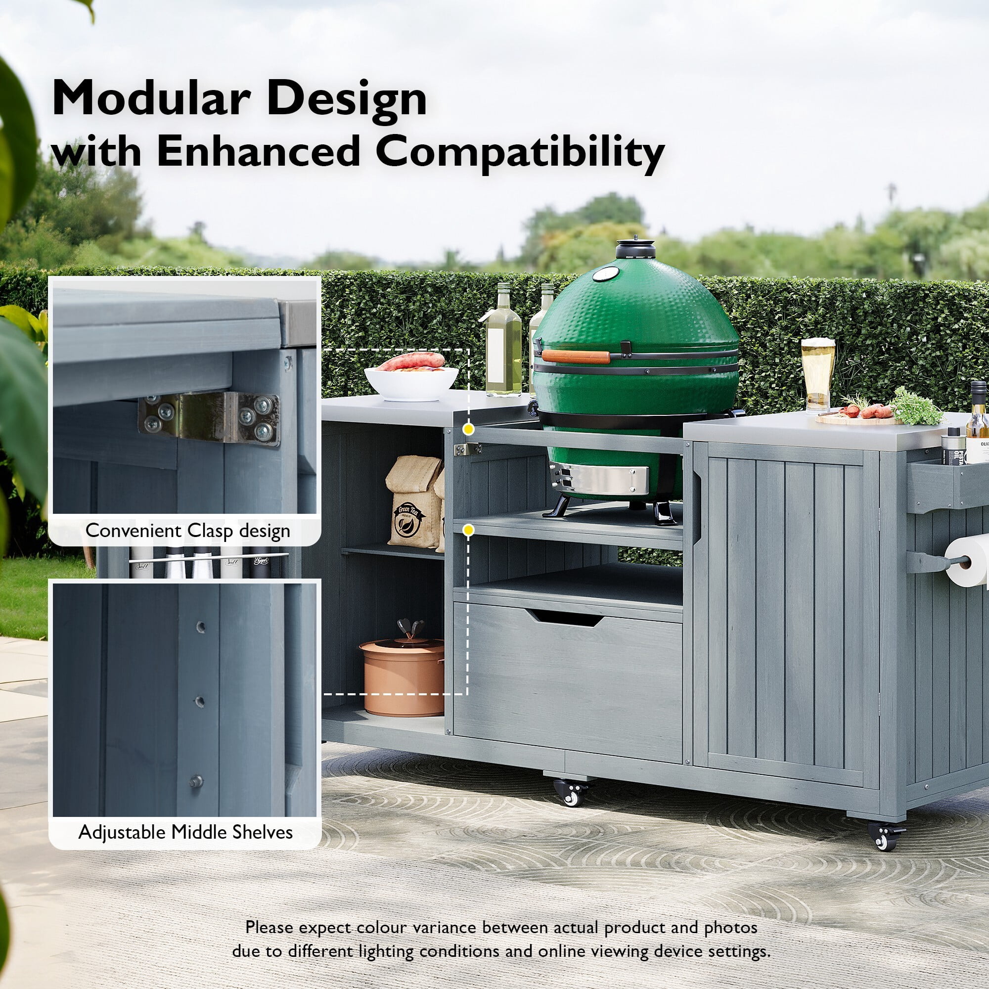 AENKYO 66.5" Outdoor Kitchen Island for Big Green Egg, Solid Wood Grill Cart with Stainless Steel Top, Gray Blue