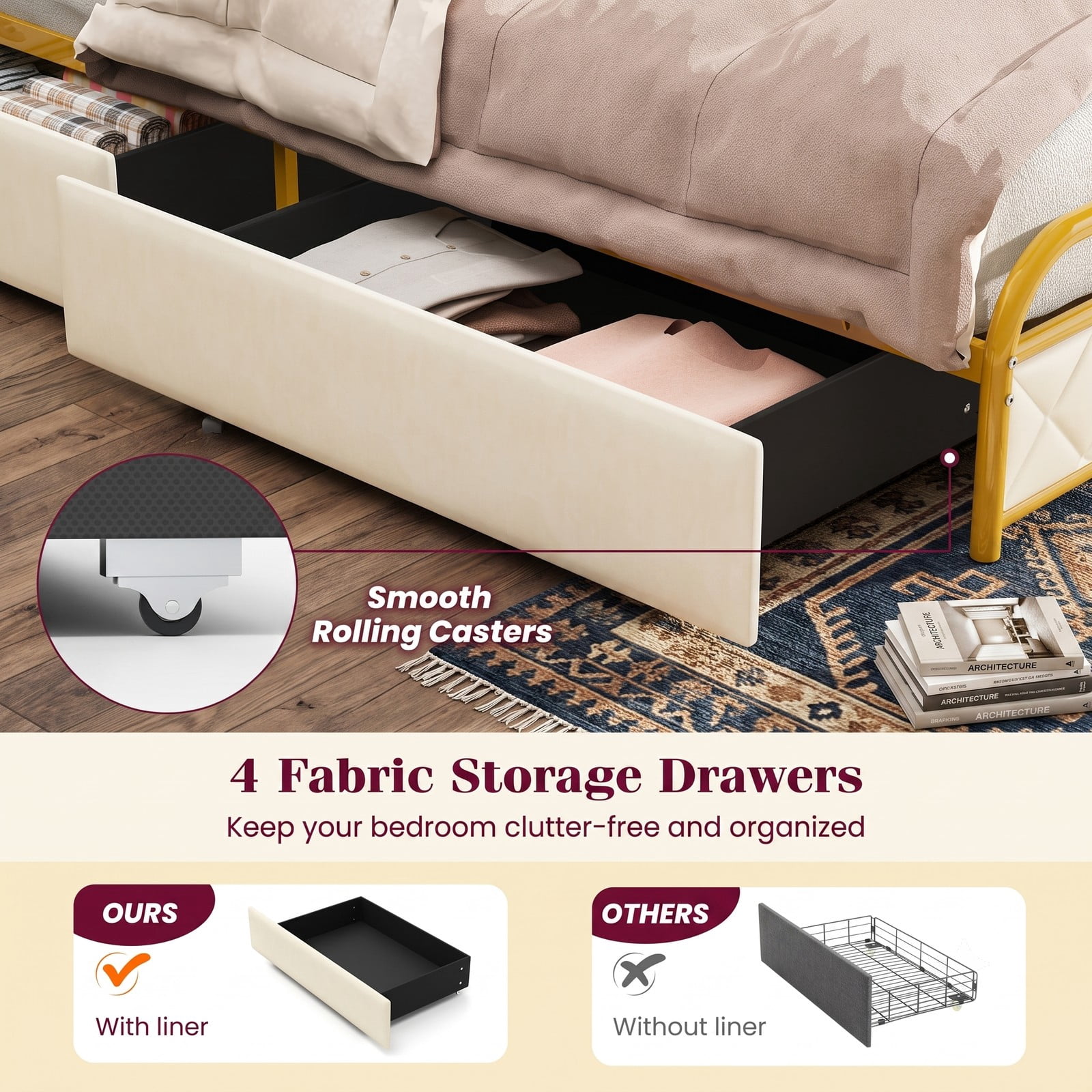 Furnibear Twin Size Metal Bed Frame with LED Lights Charging Station Storage Drawers and Upholstered Headboard for Bedroom, Gold