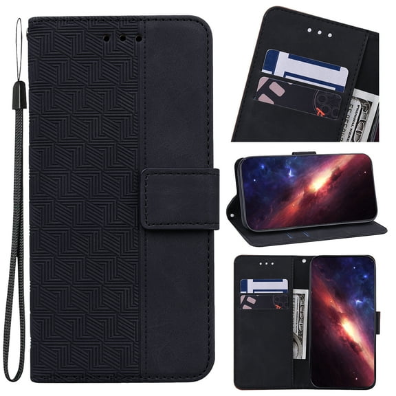 Wallet Case for Samsung Galaxy A14 5G, Geometric Embossed Pattern Card Slots Holder PU Leather Flip Folio Cover with Magnetic Clasp Kickstand Shockproof Case for Samsung Galaxy A14 5G,Black